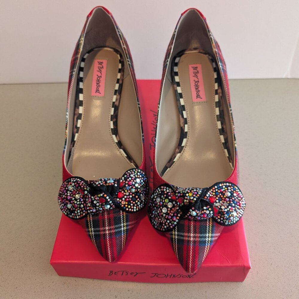 Betsey Johnson Lexie Red Plaid Kitten Heel Rhinestone Bow Sz 9.5 Holiday